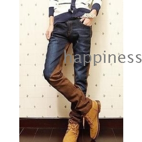 Free Shipping Men's Bump Color Stitching Brown Joker Garment Straight Jeans Tide Of Cultivate One's Morality         