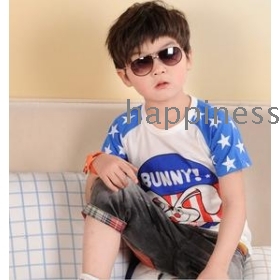  free shipping Children's clothes the five-star spell sleeve rabbit 2 color printed cotton short sleeve T-shirt    