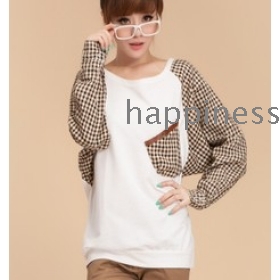 free shipping New han large size female lattice cotton bat sleeve loose long sleeve clothes who 070