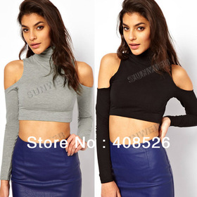 Casual Women's Off Shoulder Tee Shirt Elastic o Neck turtleneck Long Sleeves Cropped Top Short T-Shirt S,M,L 15655