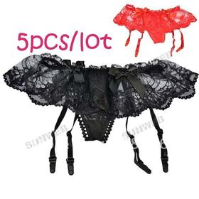 5PCS/LOT sexy lace underwear ladies panties lace briefs T-Pants + Stocking With Garter Red/ Black Red, Black7950