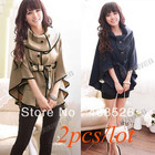 Free shipping 2PCS/LOT Women's wool Coat outwear Cloak Coat with Waistband Dark Blue, Khaki 9130