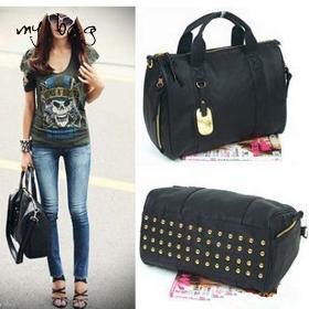 black color fashion pu leather ladies handbag popular rivet shoulder bag free shipping A274