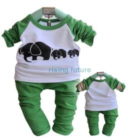 T134 Hot Sale New Cotton with Cartoon Elephant Cloth Children Clothes 2pcs/1set(undershirt + pants)Khaki/Green to choose