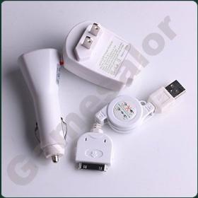 Free Shipping 1 sets/lot 3 in 1 EU/AU/US Car+Wall Charger +Retractable USB Cable For ig 3gs #9753