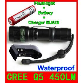 (Flashlight+18650 Battery + Charger) CREE Q5 7W 450LM 3 modes adjustable Brightness Waterproof led flashlight