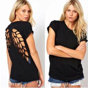 New 2014 fashion t shirt for women laser backless angel wings women's shorts tops & tees t-shirt autumn-summer plus size XXL
