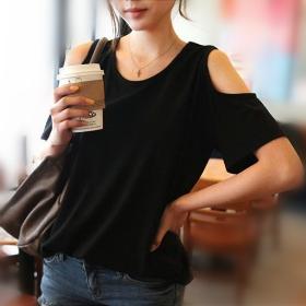 Cotton Long sleeve necklines off-the-shoulder T-shirt Free Shipping W4017