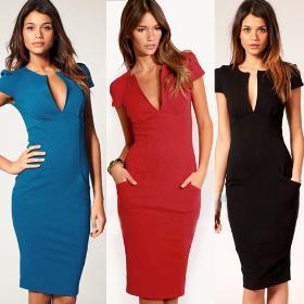 2014 Elegant Ladies' V-Neck Fashion Celebrity Pencil Dress,Women Wear to Work Slim Knee-Length Pocket Party Bodycon Dress W3220