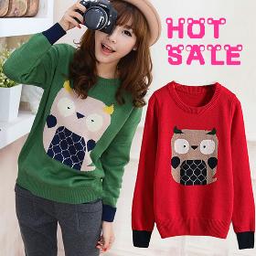 The owl jacquard long-sleeved sweater knit W4311