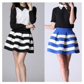Stripe High Waisted Elastic Ball Gown Plus Short Skirt W3318