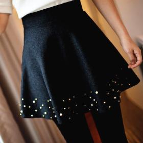 Woolen Skirt Fluffy Sew On Beads Rivet High Waist Elastic Ball Gown plus Short Skirt W3315