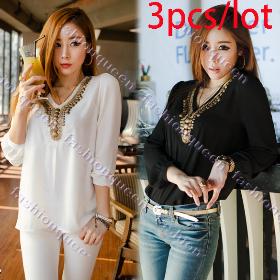 3PCS/LOT Korean New Women t shirts Girl Long Sleeve chiffon Shirt V Collar Bronze Flat Studs Tops Black White 14023