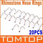 5sets/lot 20pcs Colorful Stainless Steel Rhinestone Curved Nose Studs Rings Bars Fashion Piercing Jewelry Free Shipping