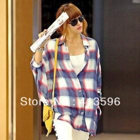 Fashion Women's Plaid Blouse Batwing Sleeves Tops Check Cotton Casual Loose Shirts T-Shirt for Women