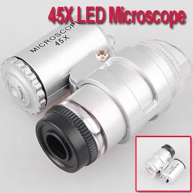 5pcs/lot , 45X 2 LED Mini portátil de bolso Microscópio Lupa de joalheiro Loupe atacado