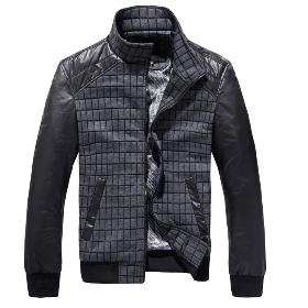 2013 New Men's Fashion Leather and Cotton Jacket Plaid Winter Warm Coat Men Outwear XXXL Free shipping MWJ211