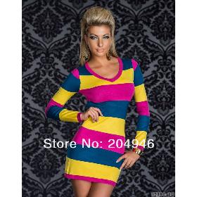 Plus XL XXL size Free Shipping Sexy Long Sleeve Hot Colored Strips party Dress Yellow Pink Blue clubbing wear Mini dress M95