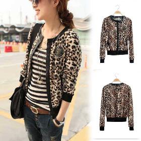 NEW Wild Fashion Leopard Long-Sleeved Leather Stitching Badges Short Paragraph Two Pockets Slim Cardigan Jacket Coat GWF-6589