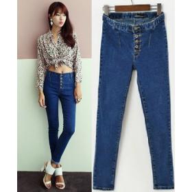 Hot 2014 Korean jeans women's slim pencil pants elastic skinny pants high waist single breasted free shipping LQ5099