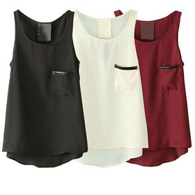 Pocket Shirt Tops Fitness Women's Fashion Chiffon Vest Top Pocket Blouse Round Neck Sleeveless Tank Tops Asymmetrical Shirt