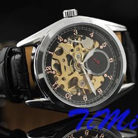 NEW Men Gold Metal Skeleton Automatic Watch Light BLACK