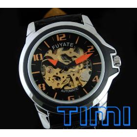 atacado Men Gold Tone Automatic oco Assista freeship Couro Mecânica