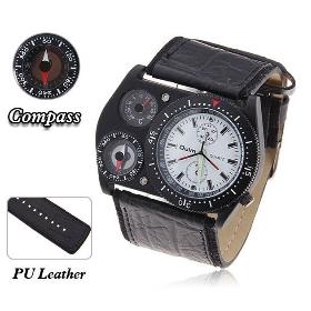 Free shipping Men's Quartz Wrist Watch Luminous Japan Movt Square Shaped Round Dial Compass & Thermometer Function Leather Band