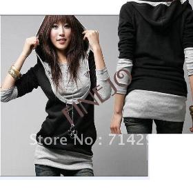2013 Korea Women's Sweatershirts Fashion Long Sleeve Shirt Cotton Hoodies Coat Outerwear Black&Gray free shipping2312