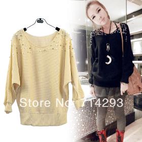 Fashion Women's Long Sleeve Pearl Knit Sweater Jacket Coat Black, Apricot Free Shipping7192