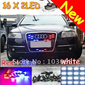 New 16 x 2 LED 3 Modes Lamp Car Red+Blue / White Grille Flash Strobe Emergency Light -Bright +Free Shipping