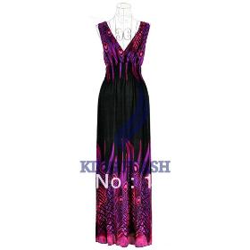 3pcs/lot Hot sale New Women's Bohemian Peacock Tail Hawaiian V-neck Long Beach Maxi Dress Sundress Summer 11100