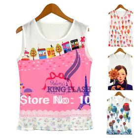 2013 New Elegant Women's Ladies Painting Pattern Sleeveless T-shirt Chiffon Tank Tops Drop Shipping 17382