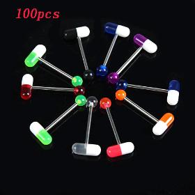 100PCS Mixed Color Pill Style Tongue Nipple Bar Ring Barbell Body Piercing Jewelry Wholesale