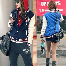 FASHION BASEBALL UNIFORM LETTERS A LOOSE COLOR BLOCK STITCHING STAND-UP COLLAR STRIPED LONG-SLEEVED JACKET GWF-6401
