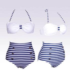 Retro High Waist Navy Blue Stripes Swim Swimwears Bra Bikini Set Swimsuits lxj