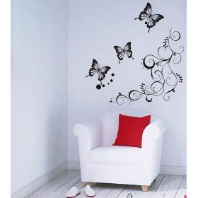 2014 Free Shipping Butterfly Wall Sticker Cute and Beautiful Room Derocation/ TV Background 1Set=1 Vine+3 Butterflies ZQT007