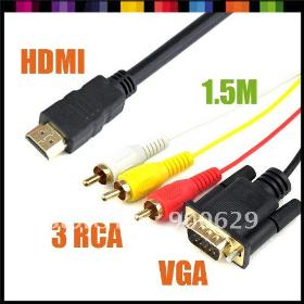 Varón del 1.5M HDMI a VGA SVGA Y / Pb / Pr 3 RCA Audio Video AV DVD Cable adaptador HDTV Oro