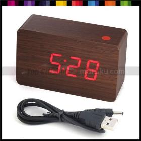 New Arrival Square Wooden Wood Red LED Digital Desk Alarm Clock Thermometer USB/ Power Night Light