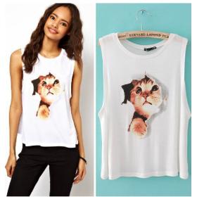 EAST MALHA frete grátis K- 018 roupas de verão para as mulheres cat cabeça de impressão verão encabeça 3d branco t -shirt venda top