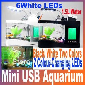 Multi-Functions Mini USB LCD Desktop Lamp Light Fish Tank Aquarium LED Clock, black/ white two colors Free Shipping