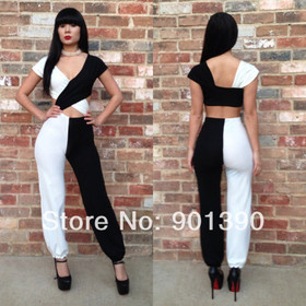 2014 new europe style white and black patchwork Bodycon Romper jumpsuit women sexy cross front hollow out bandage pants