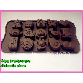 wholesale- 2012 new arrival 12 different shaped bear heart house chocolate mold silicone tray brown color