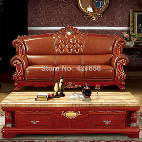 European leather sofa living room sofa Villa U-carved mahogany furniture wholesale G307