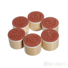 6pcs/SET Assorted Retro Floral Flower Pattern Round Wooden Rubber Stamp Scrapbook DIY