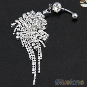 Silver Plated Crystal Tassel Dangle Navel Belly Button Ring Bar Piercing 1O7H