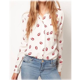 Новый Белый Женская Стенд Кнопка Воротник Красный губы печати Chiffion Блузка Леди Мода футболка с длинным рукавом классический блузка Топ