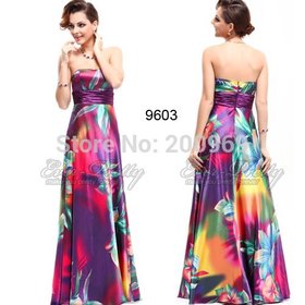 HE09603PP Hot Selling Strapless Colorful Satin Printed Empire Line Long Formal Evening Dress