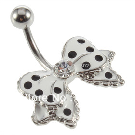 Free shipping!!!Hot Black Dot White Bowknot Crystal Stainless Steel Belly Navel Ring Stud