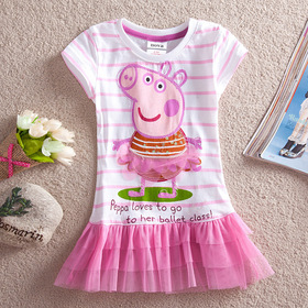 Peppa Pig Girls Short Sleeve Tunic Peppa Pig Clothing Lace Peppa Pig Dresses One-piece With Embroidery FreeShipping